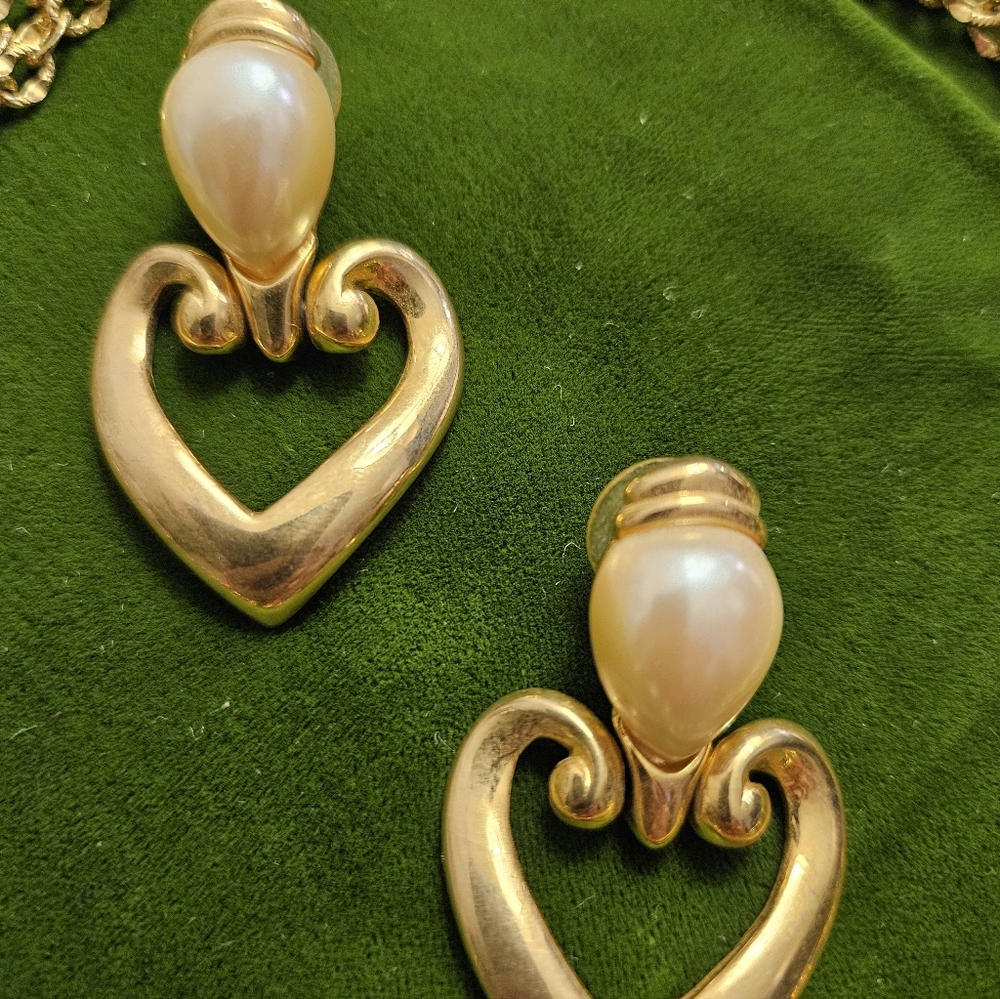 Vintage Premier Designs Gold-tone Heart Pearl Pendant 29" Necklace Earrings Set - Picture 2 of 6